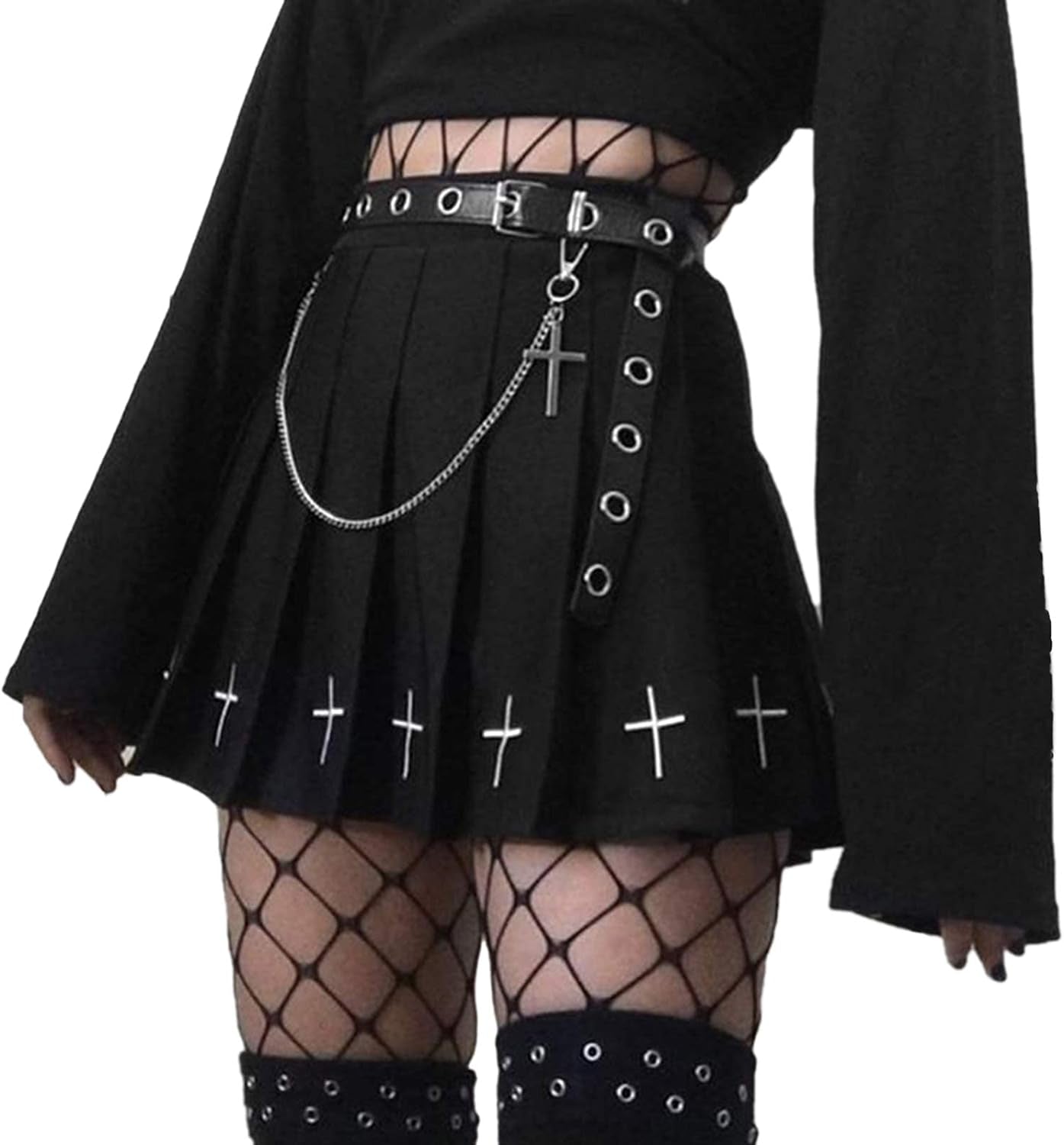 Women Harajuku Gothic Mini Skirts Goth Pleated Skirts Punk Dark Academia Aesthetic A-Line Skirt Y2K Streetwear (A - Pleated Cross Black, Large)