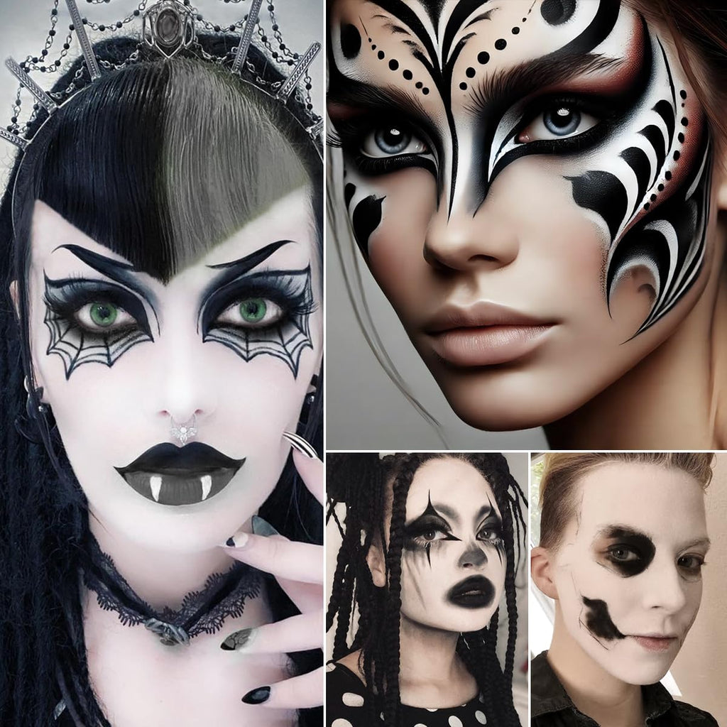 Black White Makeup Palette, White Pressed Setting Powder Goth Halloween Black Gothic Foundation & Eyeshadow Kit, Matte Finish for Smokey Eyes, High-Pigment Face Paint Skeleton Cosplay & Costume Looks