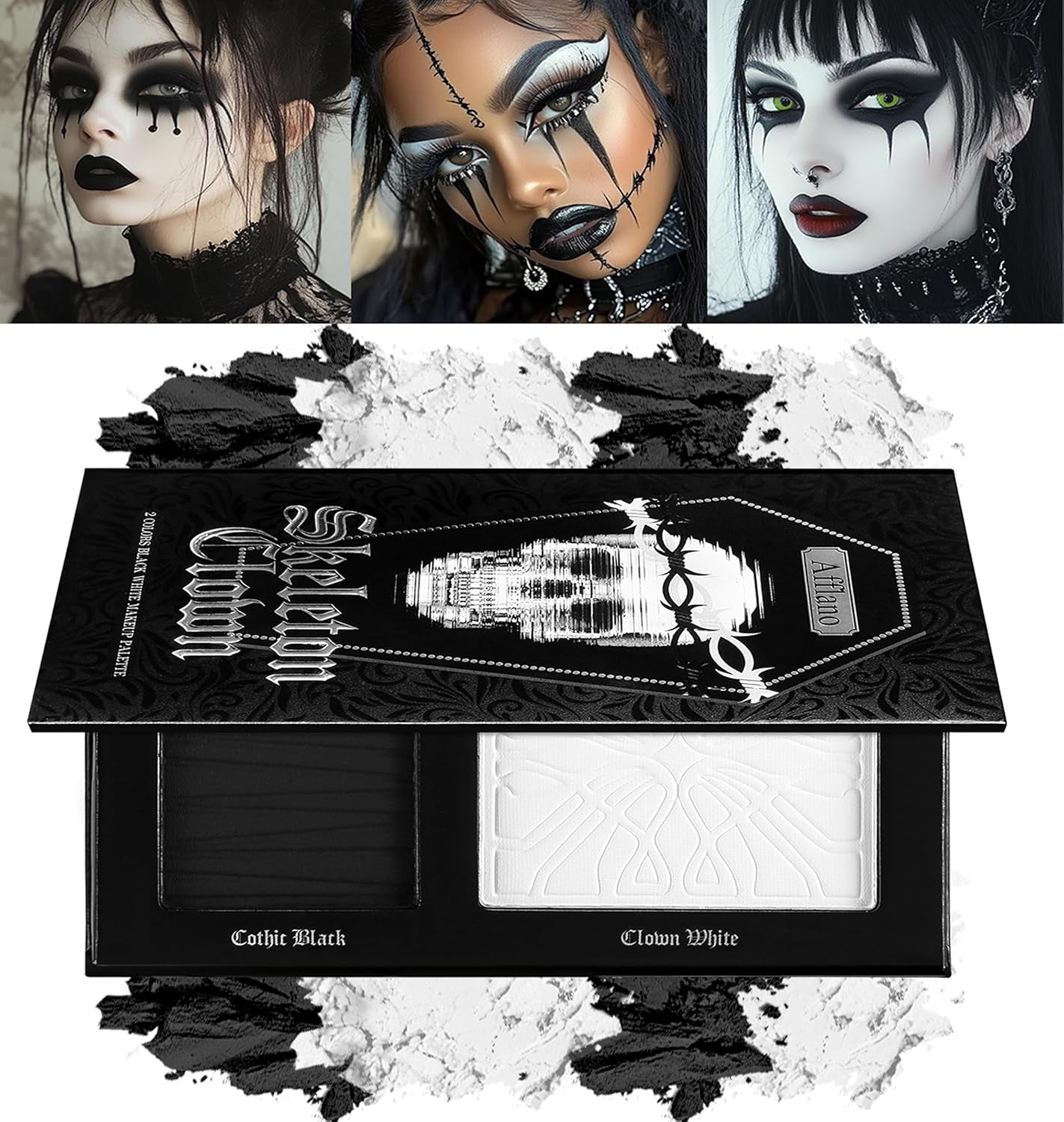 Black White Makeup Palette, White Pressed Setting Powder Goth Halloween Black Gothic Foundation & Eyeshadow Kit, Matte Finish for Smokey Eyes, High-Pigment Face Paint Skeleton Cosplay & Costume Looks