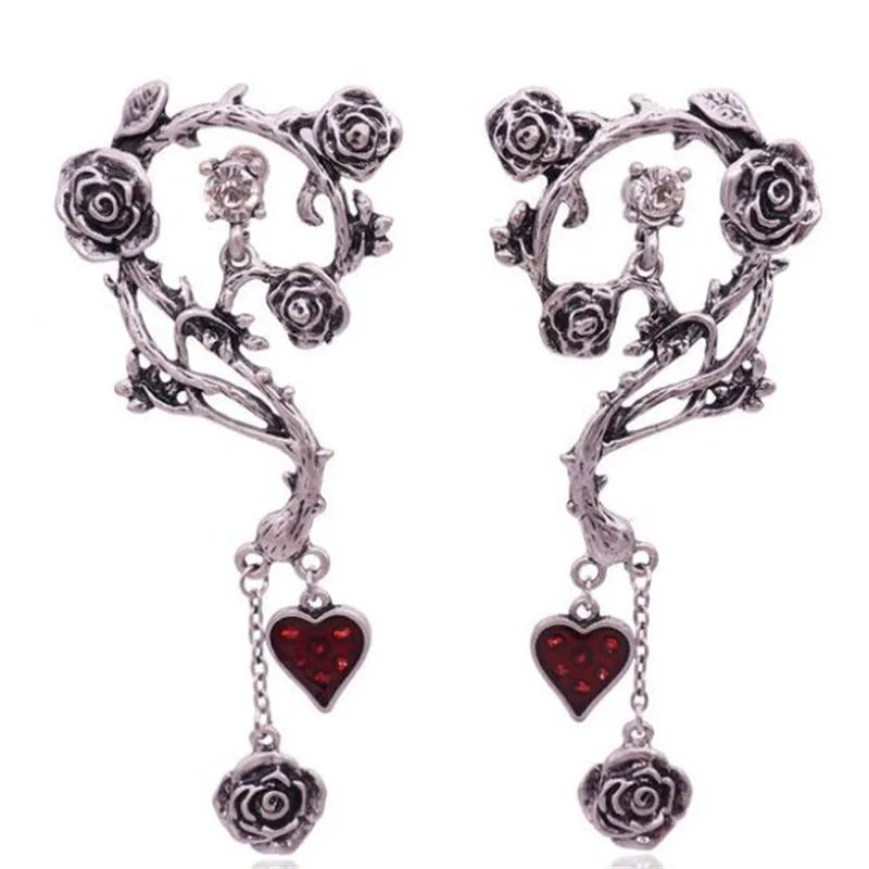 Vintage Jewelry Set Red Heart Rose Necklace Earrings Sets Punk Goth Accessories Choker Drop Earring Daily Wear Halloween Party