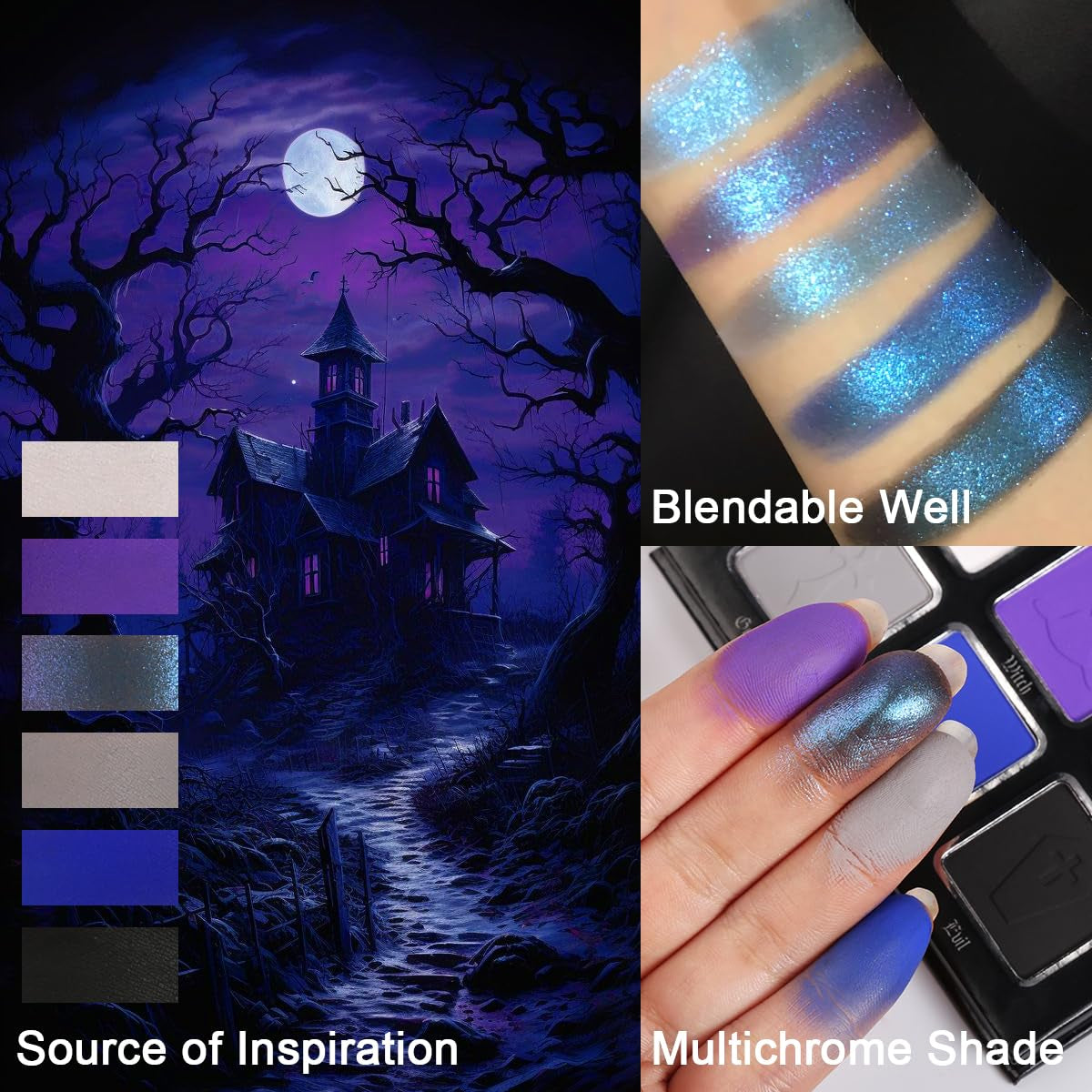 Goth Eyeshadow Palette Purple Blue, Multichrome Chrome Blue Purple Matte Black White Grey Dark Eye Shade, Gothic Halloween Makeup Eye Shadow Pallet for Costume Joker Clown Cosplay SFX Makeup