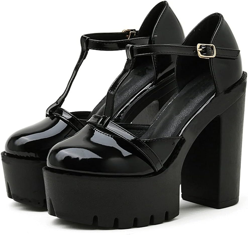 Womens Goth Platform Sandals T Strap Gothic Chunky High Heel Pumps
