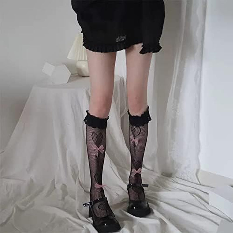 Lace Calf Socks, Lolita Goth Bows Cute Heart Knee High Sock Thigh High Loose Stocking for Student Girl Lady (PINK BOW)