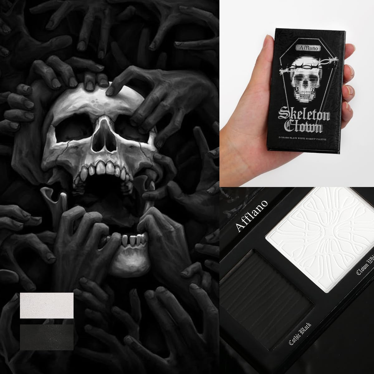 Black White Makeup Palette, White Pressed Setting Powder Goth Halloween Black Gothic Foundation & Eyeshadow Kit, Matte Finish for Smokey Eyes, High-Pigment Face Paint Skeleton Cosplay & Costume Looks