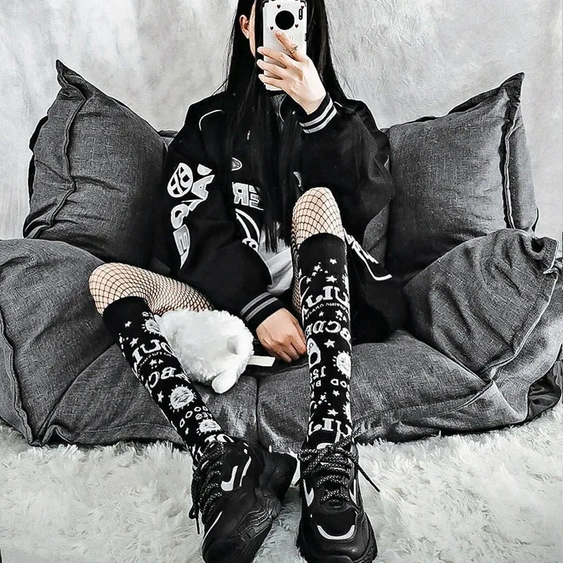 Harajuku Dark Magic Star Moon Knee Socks Women Girl Gothic Punk Streetwear Mall Goth JK School Casual Retro Ouija Board Long