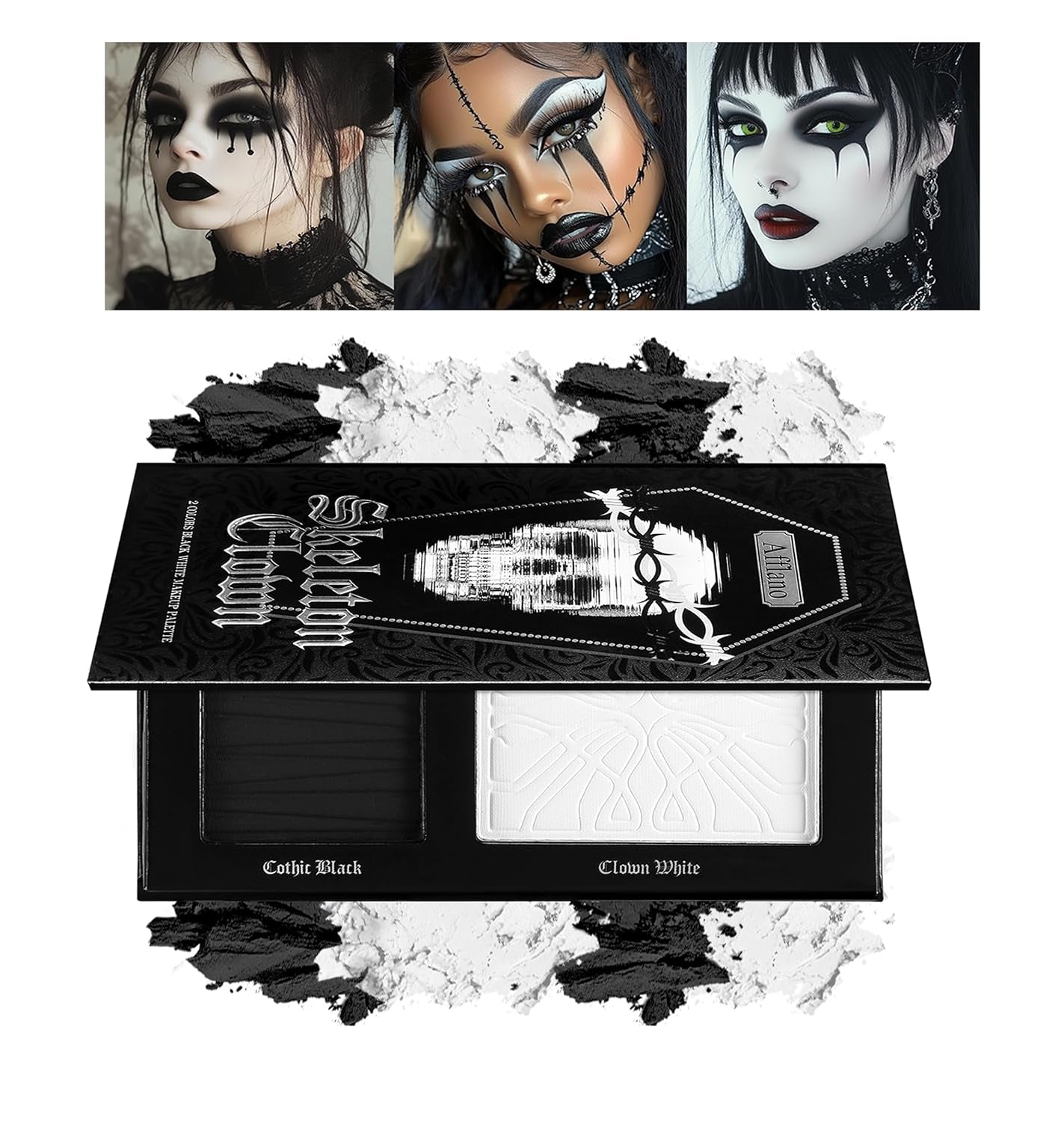 Black White Makeup Palette, White Pressed Setting Powder Goth Halloween Black Gothic Foundation & Eyeshadow Kit, Matte Finish for Smokey Eyes, High-Pigment Face Paint Skeleton Cosplay & Costume Looks