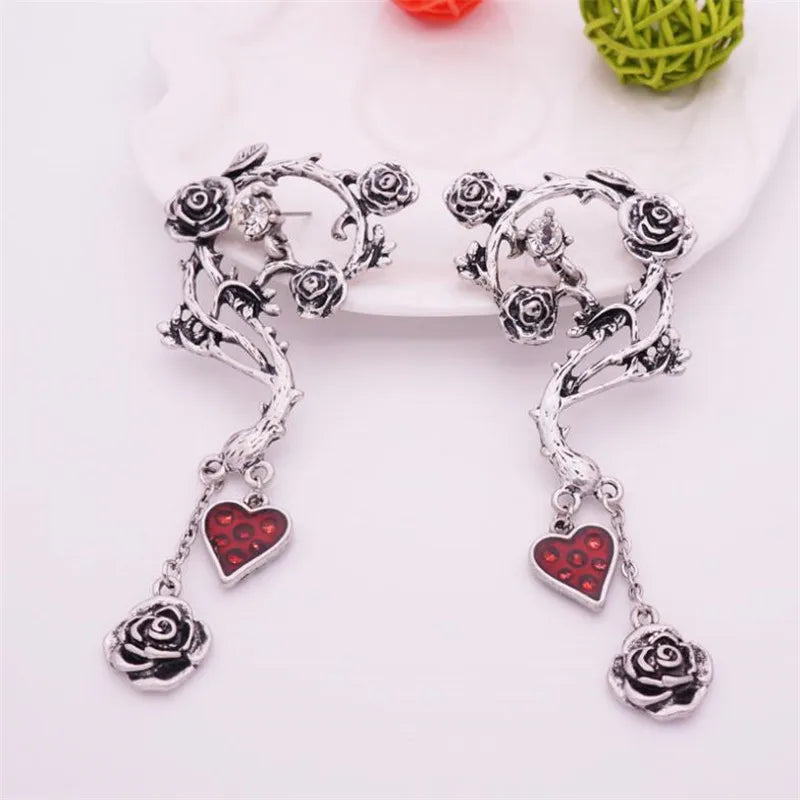 Vintage Jewelry Set Red Heart Rose Necklace Earrings Sets Punk Goth Accessories Choker Drop Earring Daily Wear Halloween Party