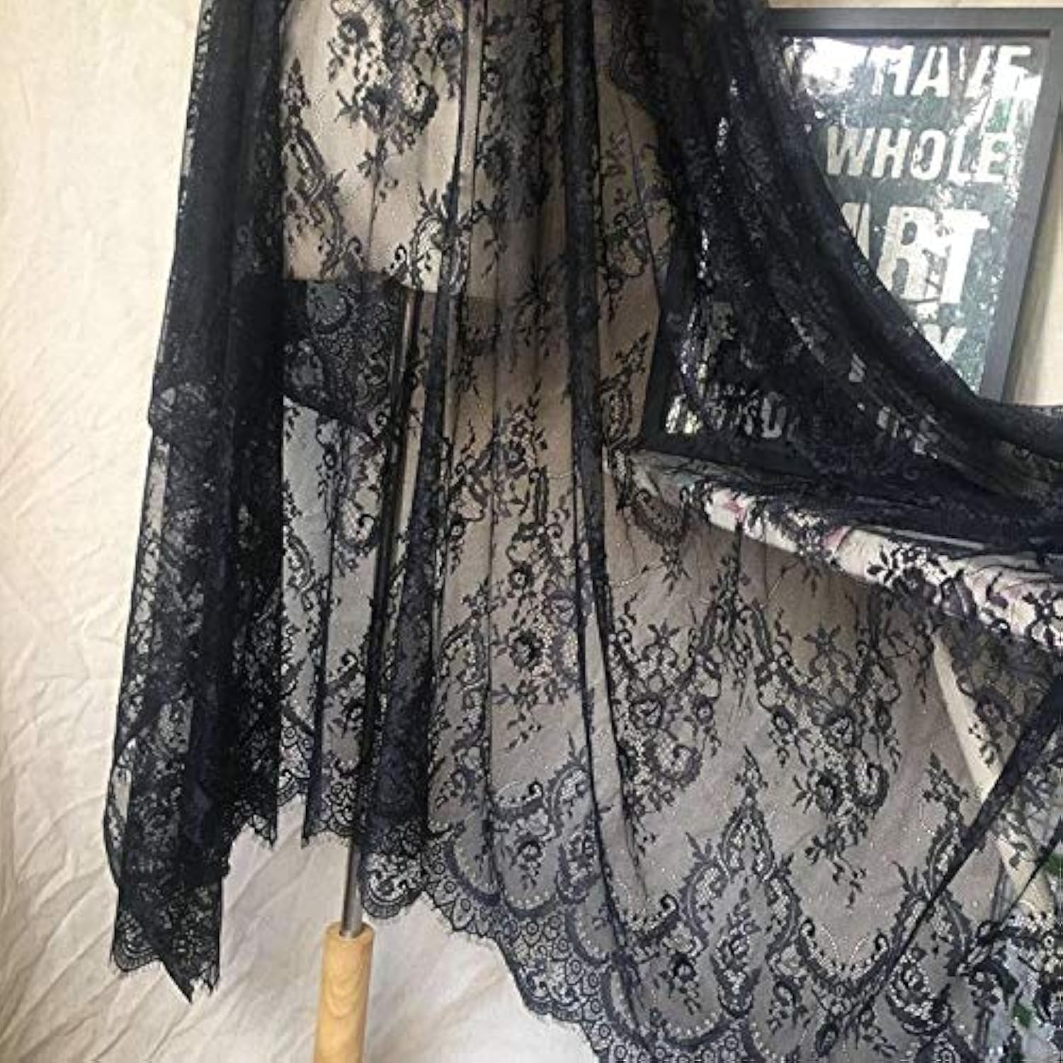 Ivory Lace Fabric Eyelash Chantilly Floral Bridal/Wedding Dress Flower African Lace Table Cloth DIY Crafts Scallop Trim Applique Ribbon Curtains 300Cmx150Cm ALE02 (Black)
