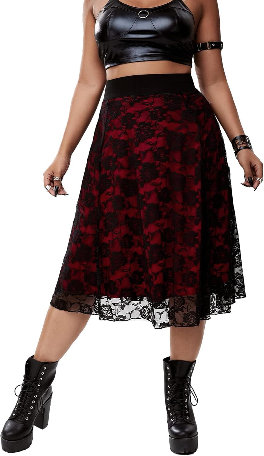 Women'S plus Size Gothic Floral Lace Sheer Overlay a Line Midi Skirt Red 4XL