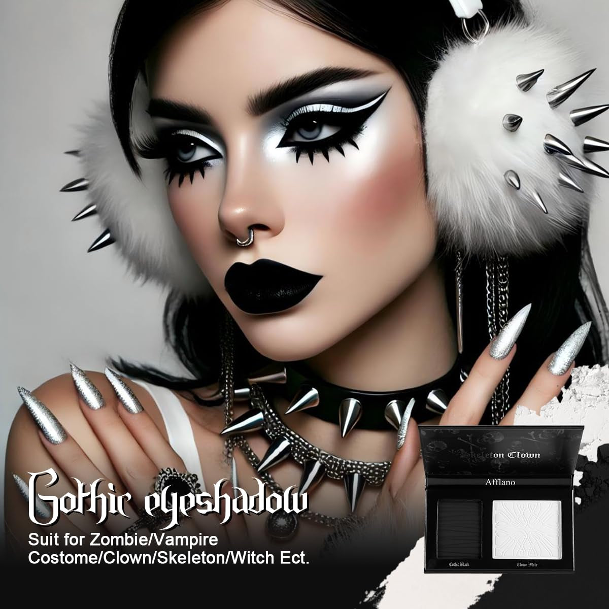 Black White Makeup Palette, White Pressed Setting Powder Goth Halloween Black Gothic Foundation & Eyeshadow Kit, Matte Finish for Smokey Eyes, High-Pigment Face Paint Skeleton Cosplay & Costume Looks