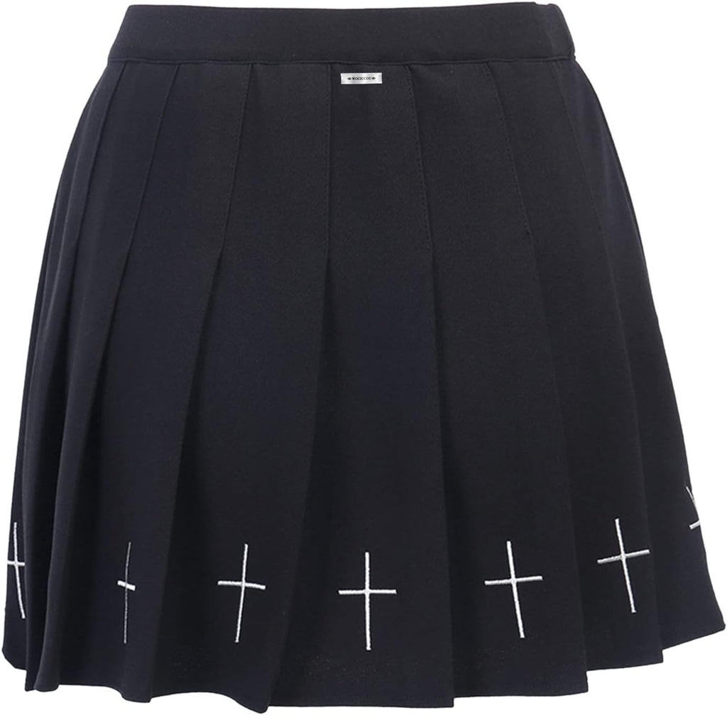 Women Harajuku Gothic Mini Skirts Goth Pleated Skirts Punk Dark Academia Aesthetic A-Line Skirt Y2K Streetwear (A - Pleated Cross Black, Large)