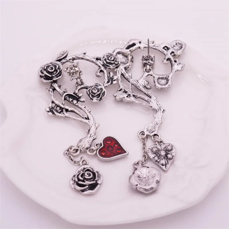 Vintage Jewelry Set Red Heart Rose Necklace Earrings Sets Punk Goth Accessories Choker Drop Earring Daily Wear Halloween Party