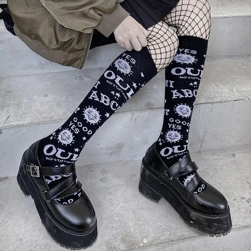 Harajuku Dark Magic Star Moon Knee Socks Women Girl Gothic Punk Streetwear Mall Goth JK School Casual Retro Ouija Board Long