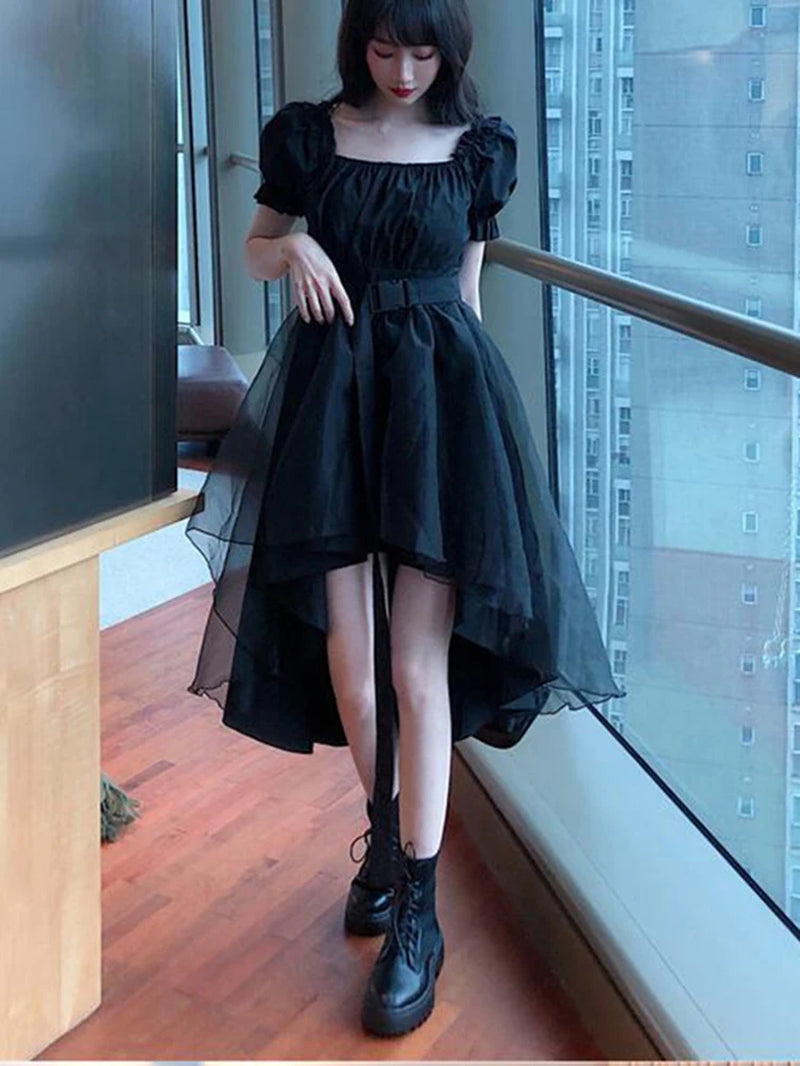 Harajuku Y2K Cyber Alt Dress E Girl Ruffle Hepburn Kawaii Ropa Fairycore Irregular Black Gothic Dresses Emo Mini Lolita Vestidos
