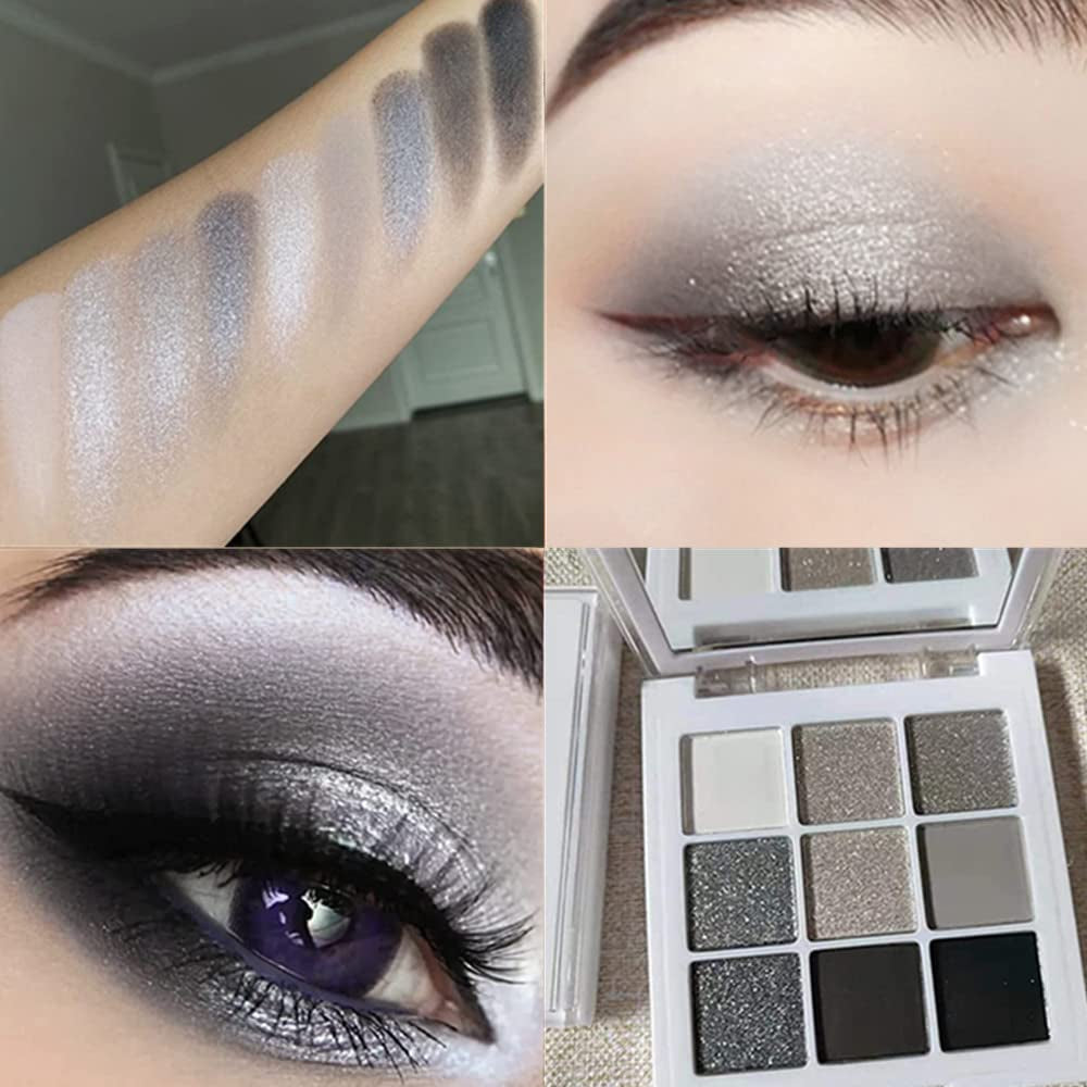 Black Grey Silver Smoky Eyeshadow Palette,9 Colors Matte&Shimmer Eye Makeup Palette,Goth Eye Shadow Pallets for Women,Waterproof Cool Eye Shadow Palette Makeup with Prism Mirror