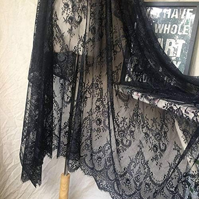 Ivory Lace Fabric Eyelash Chantilly Floral Bridal/Wedding Dress Flower African Lace Table Cloth DIY Crafts Scallop Trim Applique Ribbon Curtains 300Cmx150Cm ALE02 (Black)