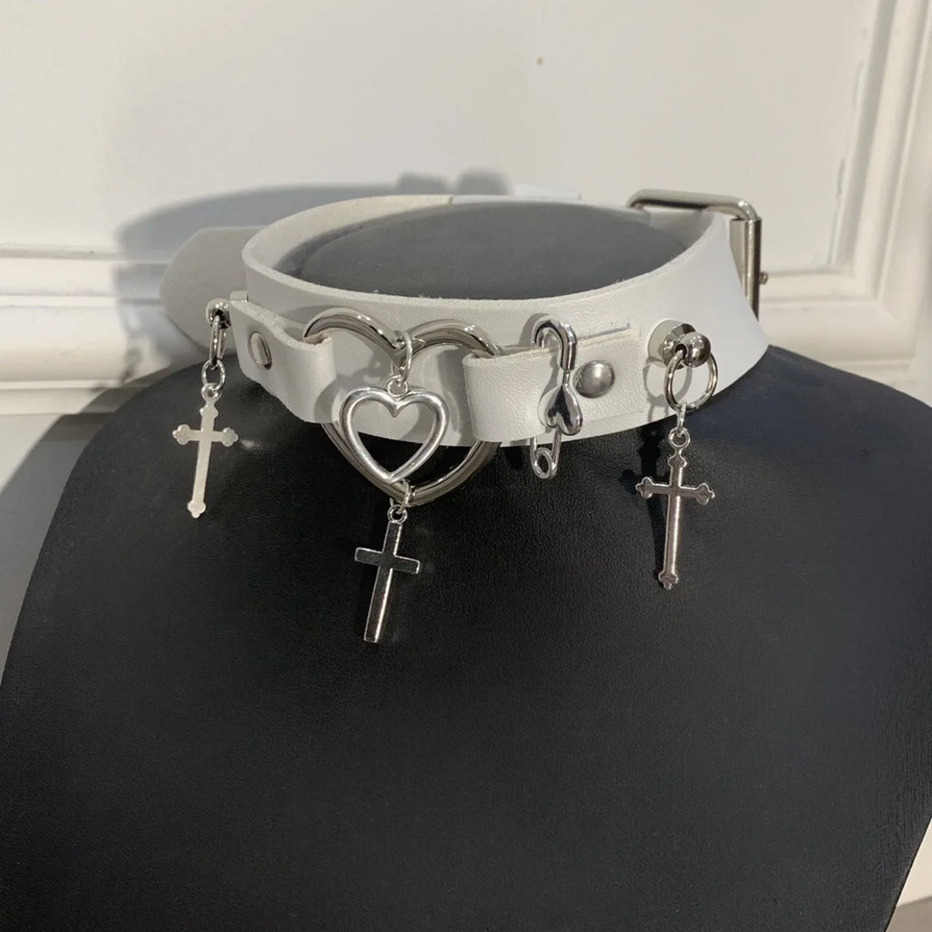Grunge Accessories Leather Heart Cross Choker Punk Charms Pin Pendant Necklace for Women Goth Jewelry Korean Fashion Necklace
