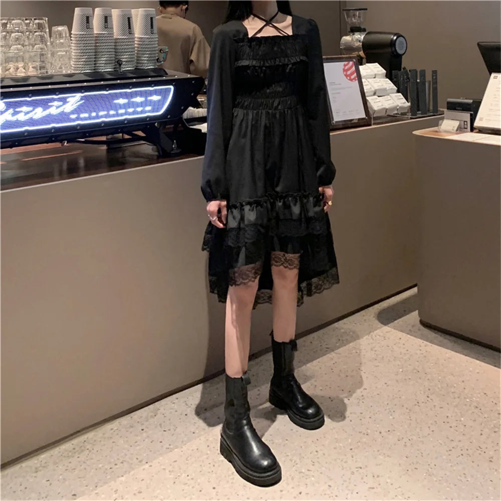 Harajuku Y2K Cyber Alt Dress E Girl Ruffle Hepburn Kawaii Ropa Fairycore Irregular Black Gothic Dresses Emo Mini Lolita Vestidos