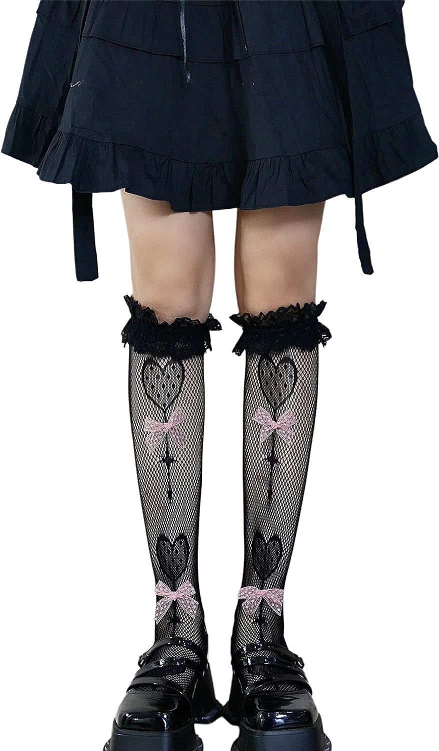 Lace Calf Socks, Lolita Goth Bows Cute Heart Knee High Sock Thigh High Loose Stocking for Student Girl Lady (PINK BOW)