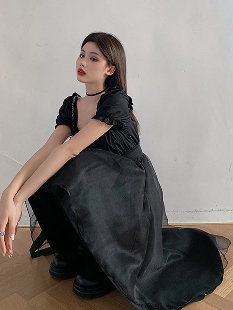 Harajuku Y2K Cyber Alt Dress E Girl Ruffle Hepburn Kawaii Ropa Fairycore Irregular Black Gothic Dresses Emo Mini Lolita Vestidos