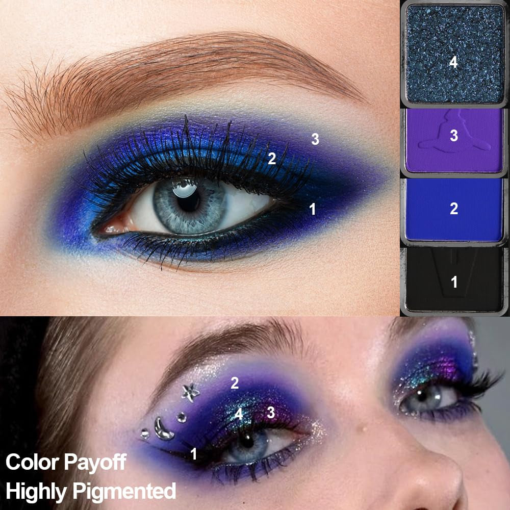 Goth Eyeshadow Palette Purple Blue, Multichrome Chrome Blue Purple Matte Black White Grey Dark Eye Shade, Gothic Halloween Makeup Eye Shadow Pallet for Costume Joker Clown Cosplay SFX Makeup