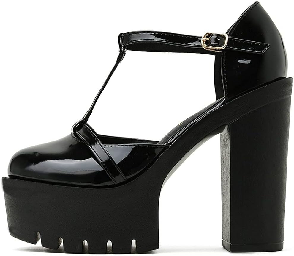Womens Goth Platform Sandals T Strap Gothic Chunky High Heel Pumps
