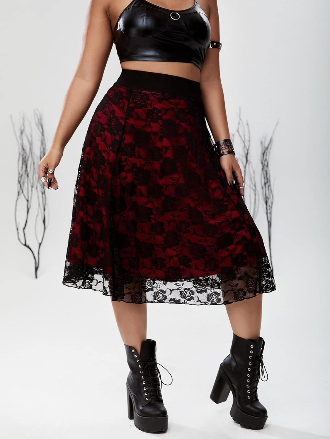 Women'S plus Size Gothic Floral Lace Sheer Overlay a Line Midi Skirt Red 4XL