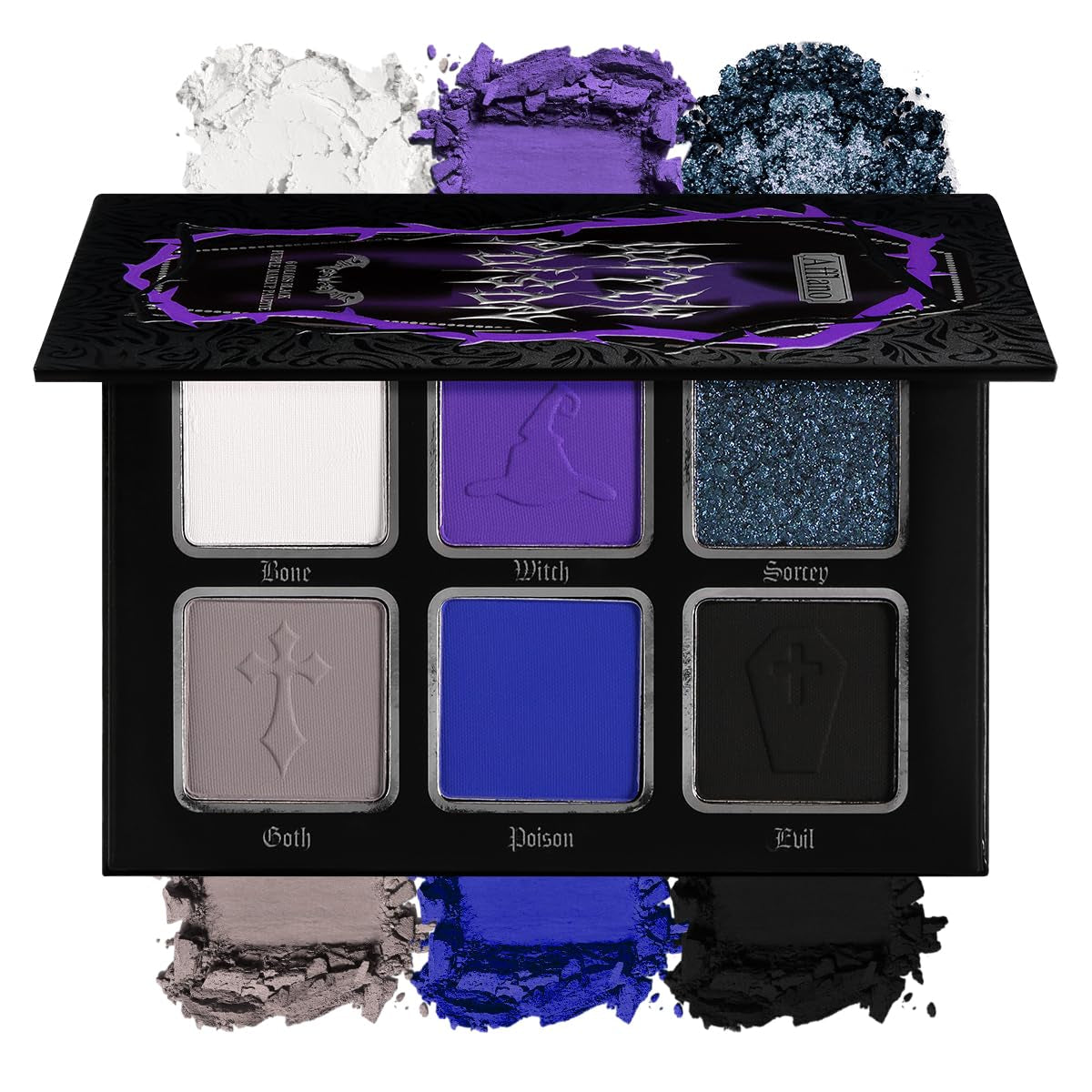 Goth Eyeshadow Palette Purple Blue, Multichrome Chrome Blue Purple Matte Black White Grey Dark Eye Shade, Gothic Halloween Makeup Eye Shadow Pallet for Costume Joker Clown Cosplay SFX Makeup
