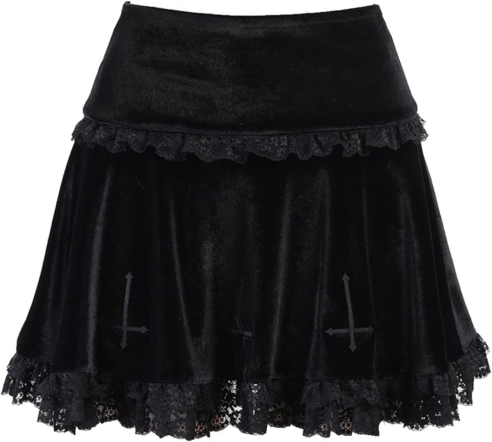 Womens Gothic Skirt Embroidery Ruffle Elegant Vintage Punk Goth Party Mini Skirt