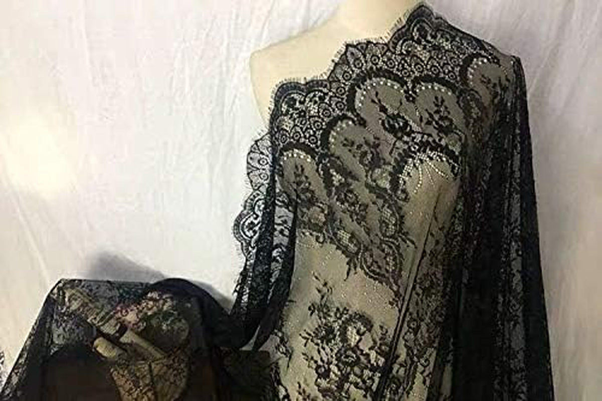 Ivory Lace Fabric Eyelash Chantilly Floral Bridal/Wedding Dress Flower African Lace Table Cloth DIY Crafts Scallop Trim Applique Ribbon Curtains 300Cmx150Cm ALE02 (Black)
