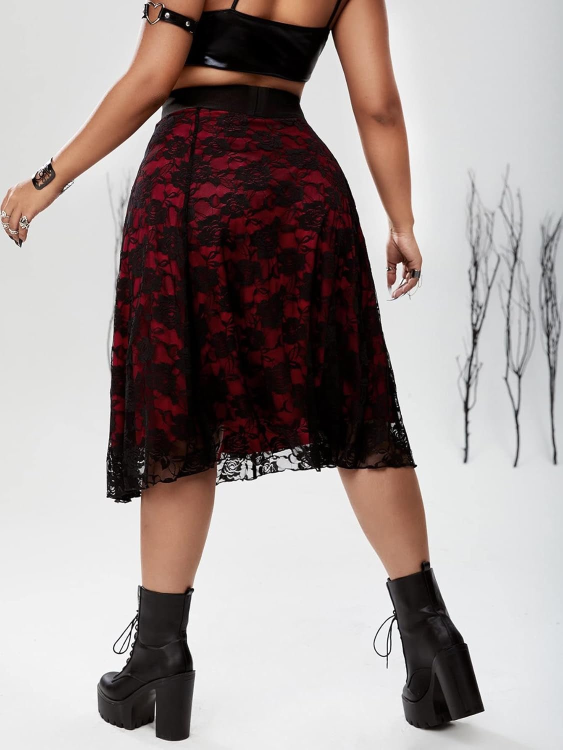 Women'S plus Size Gothic Floral Lace Sheer Overlay a Line Midi Skirt Red 4XL