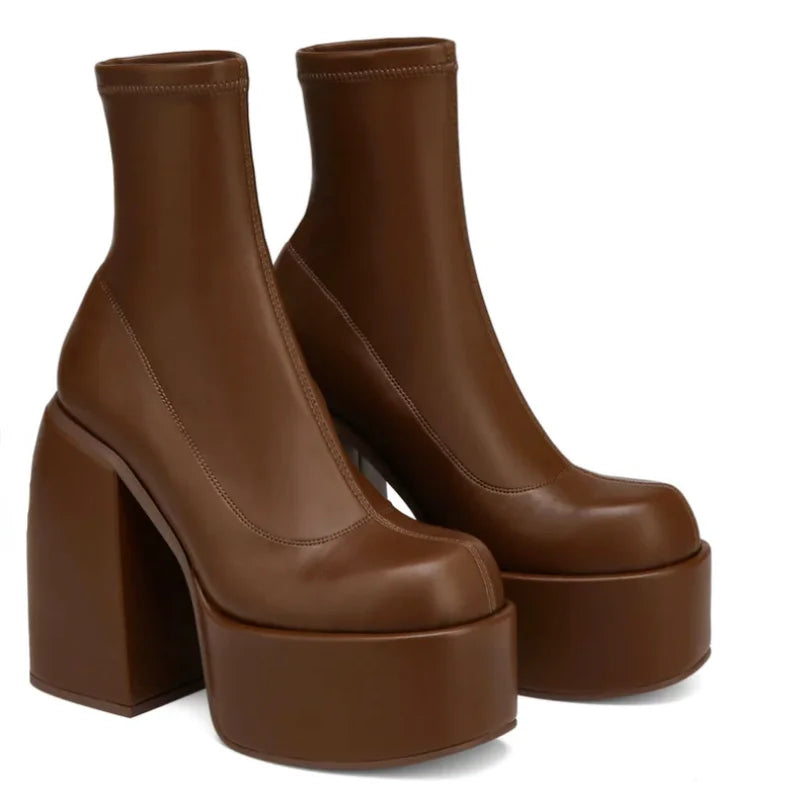 Modern Boots Women Platform Heels round Toe Leather Boot Chunky Heels Zipper Designer Block Heel Shoes Fashion Girls Casual Shoe
