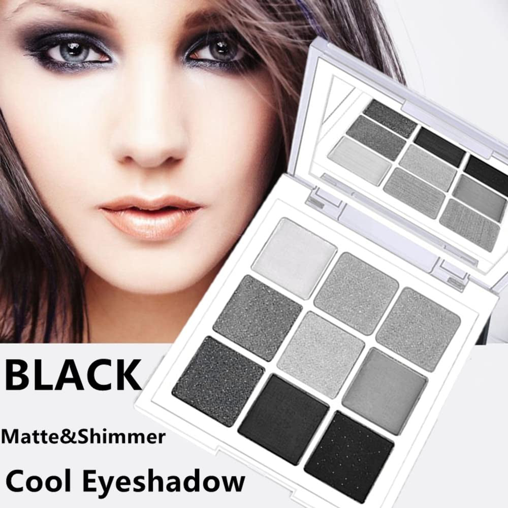 Black Grey Silver Smoky Eyeshadow Palette,9 Colors Matte&Shimmer Eye Makeup Palette,Goth Eye Shadow Pallets for Women,Waterproof Cool Eye Shadow Palette Makeup with Prism Mirror