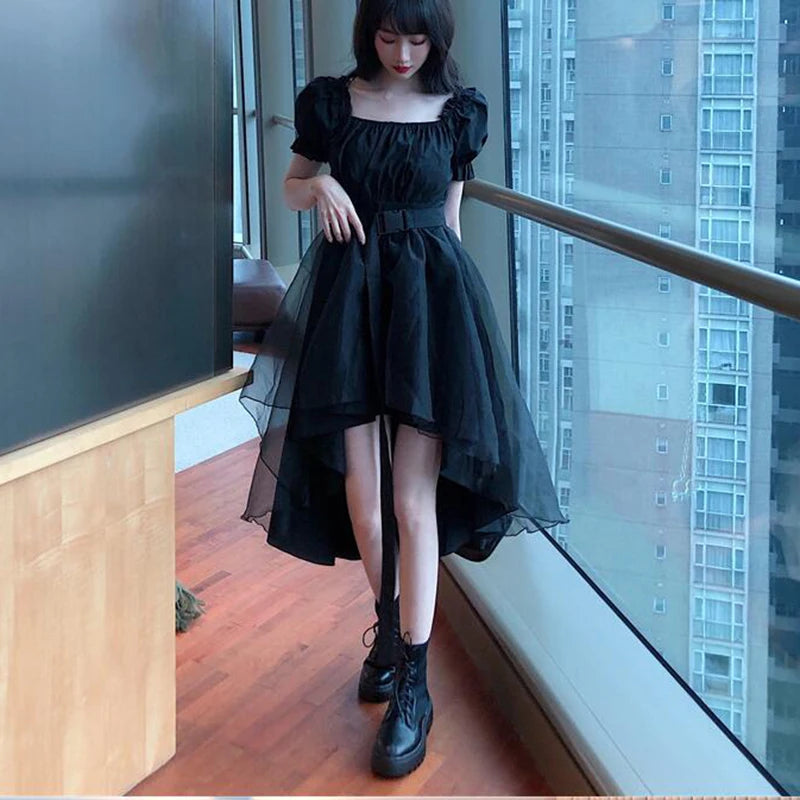 Harajuku Y2K Cyber Alt Dress E Girl Ruffle Hepburn Kawaii Ropa Fairycore Irregular Black Gothic Dresses Emo Mini Lolita Vestidos