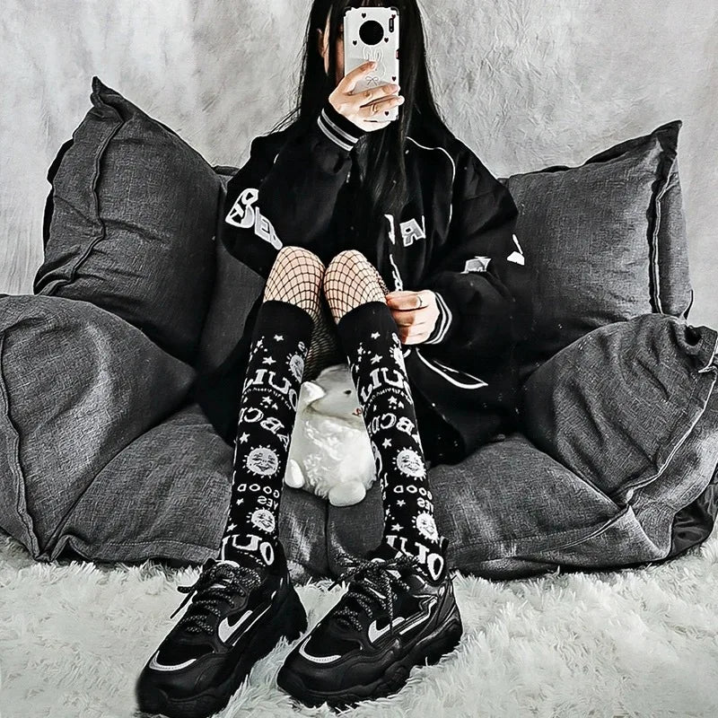 Harajuku Dark Magic Star Moon Knee Socks Women Girl Gothic Punk Streetwear Mall Goth JK School Casual Retro Ouija Board Long