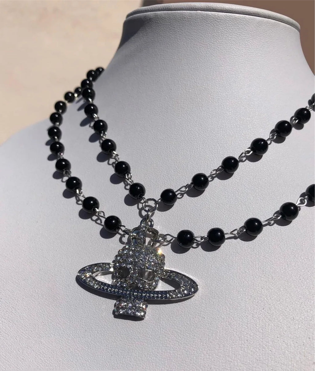 Y2K Crystal Skull Pendant Necklaces Punk Charms Black Beads Necklace Women Chains Choker Goth Jewelry Grunge Accessories