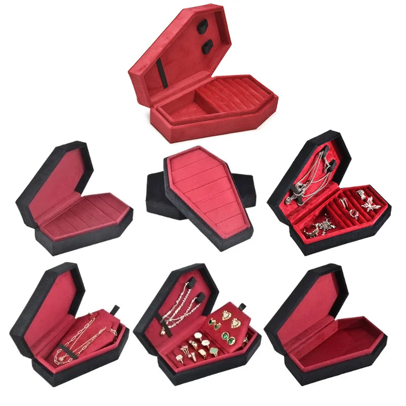 Retro Velvet Coffin Shape Jewelry Box Gothic Vampire Red Jewelry Box Portable Ring Necklace Storage Box Fast Delivery
