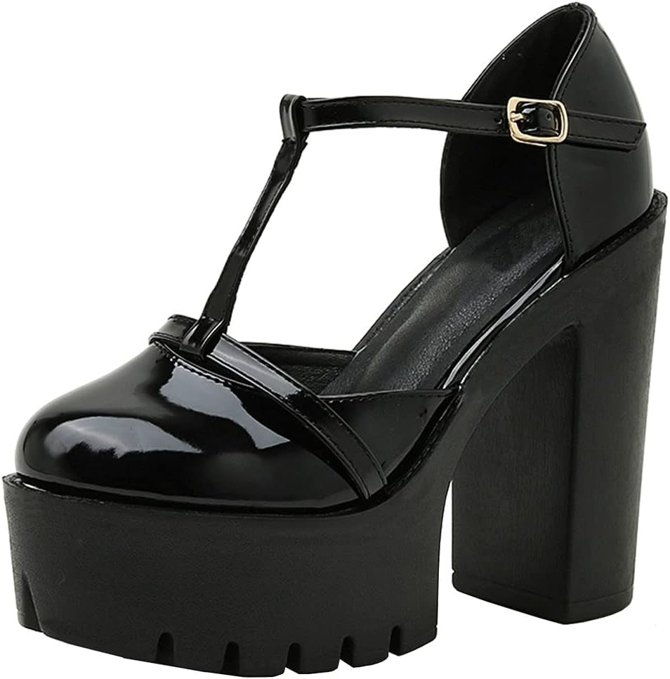 Womens Goth Platform Sandals T Strap Gothic Chunky High Heel Pumps