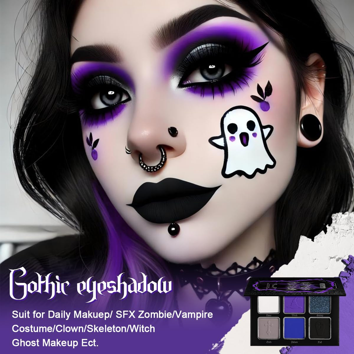 Goth Eyeshadow Palette Purple Blue, Multichrome Chrome Blue Purple Matte Black White Grey Dark Eye Shade, Gothic Halloween Makeup Eye Shadow Pallet for Costume Joker Clown Cosplay SFX Makeup