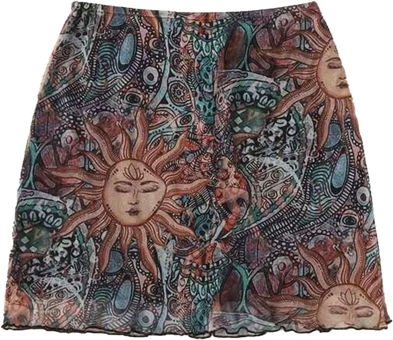 Women'S Bohemian Mini Skirt Elastic High Waist Graphic Mesh Bodycon Mini Skirt Y2K Aesthetic Skirt (F-Brown, Small)