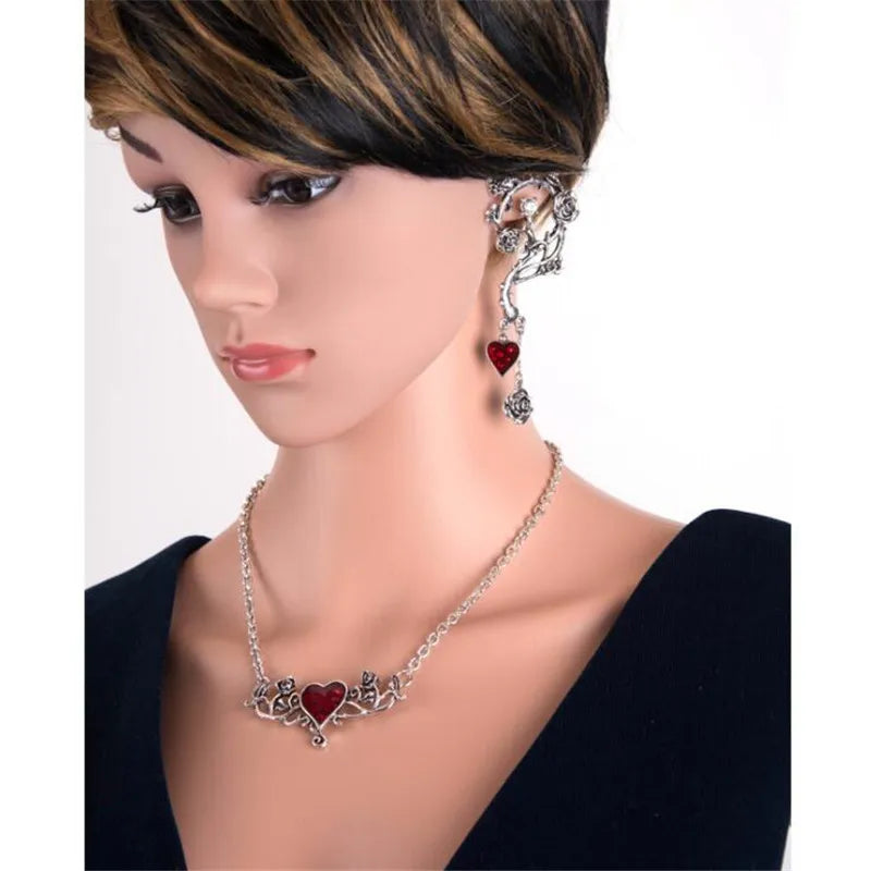 Vintage Jewelry Set Red Heart Rose Necklace Earrings Sets Punk Goth Accessories Choker Drop Earring Daily Wear Halloween Party