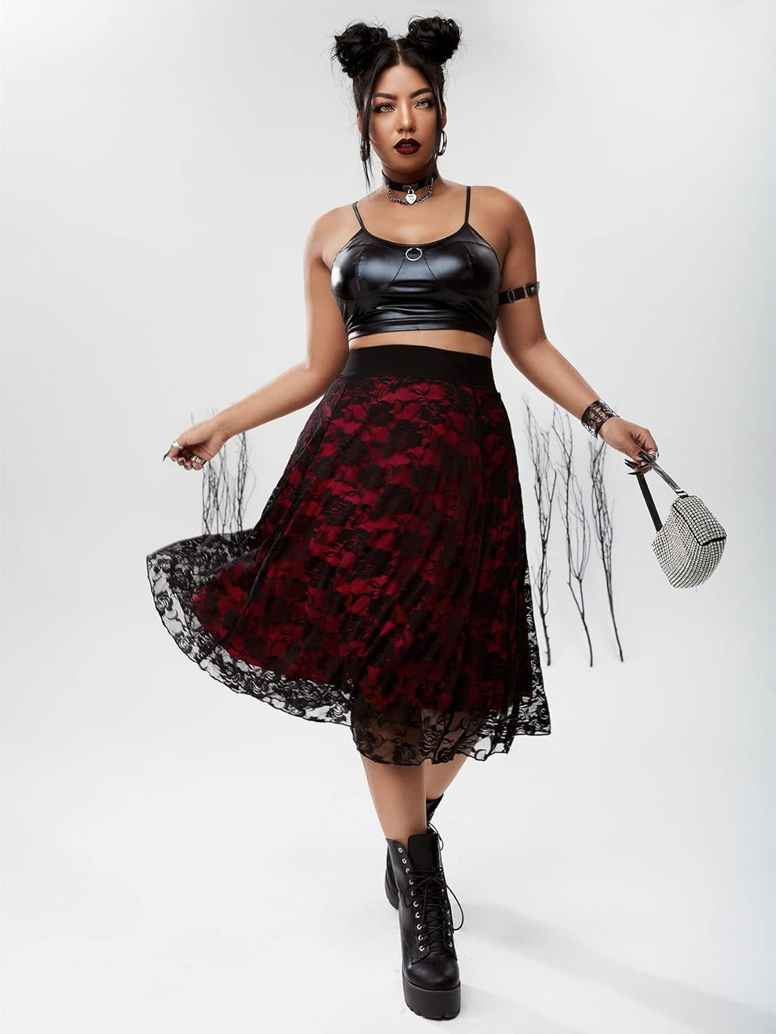Women'S plus Size Gothic Floral Lace Sheer Overlay a Line Midi Skirt Red 4XL