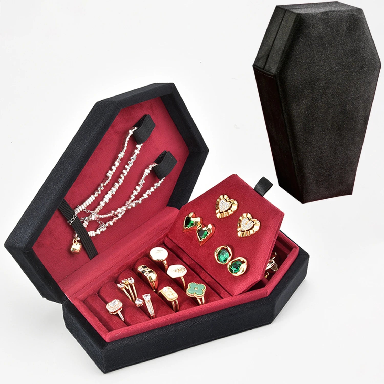 Retro Velvet Coffin Shape Jewelry Box Gothic Vampire Red Jewelry Box Portable Ring Necklace Storage Box Fast Delivery