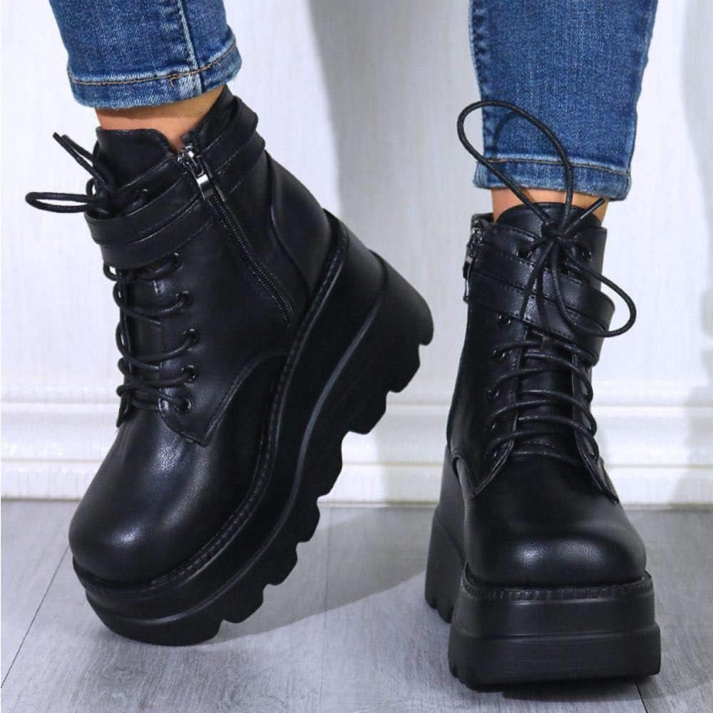 Platform Boots Goth Shoes, Goth Boots, Chunky Platform Boots for Women Black Lace up round Toe Zip High Heel Combat Motorcycle Wedge Ankle Boots (BLACK,7)