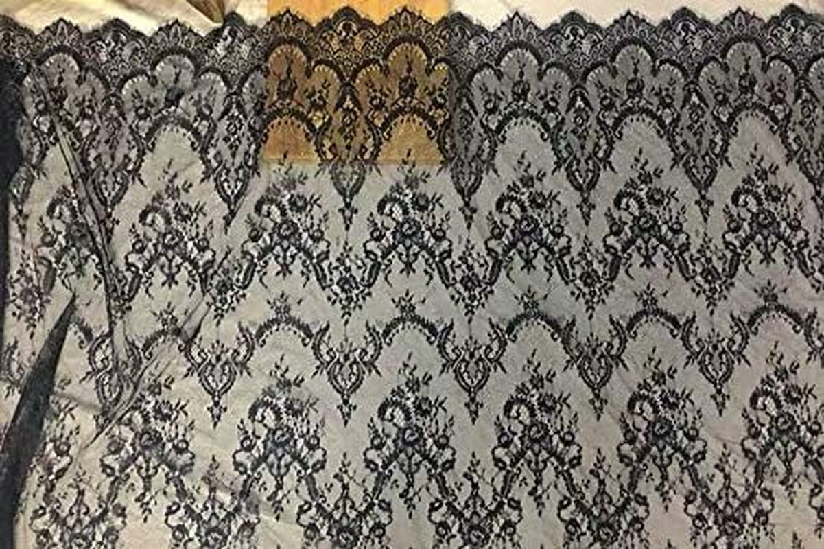 Ivory Lace Fabric Eyelash Chantilly Floral Bridal/Wedding Dress Flower African Lace Table Cloth DIY Crafts Scallop Trim Applique Ribbon Curtains 300Cmx150Cm ALE02 (Black)