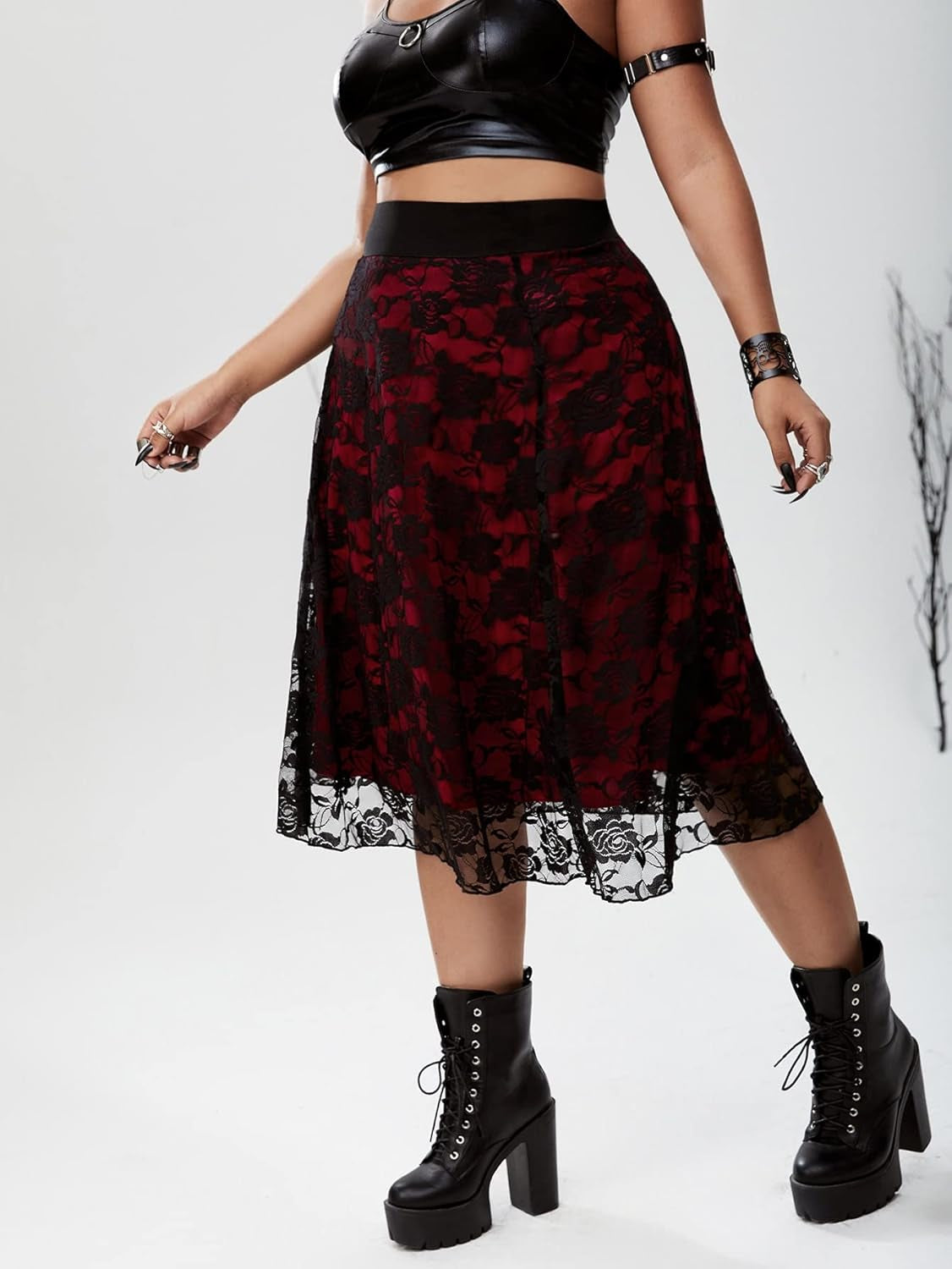Women'S plus Size Gothic Floral Lace Sheer Overlay a Line Midi Skirt Red 4XL