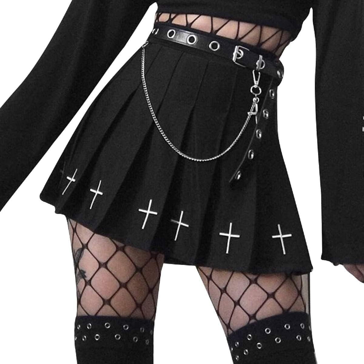 Women Harajuku Gothic Mini Skirts Goth Pleated Skirts Punk Dark Academia Aesthetic A-Line Skirt Y2K Streetwear (A - Pleated Cross Black, Large)