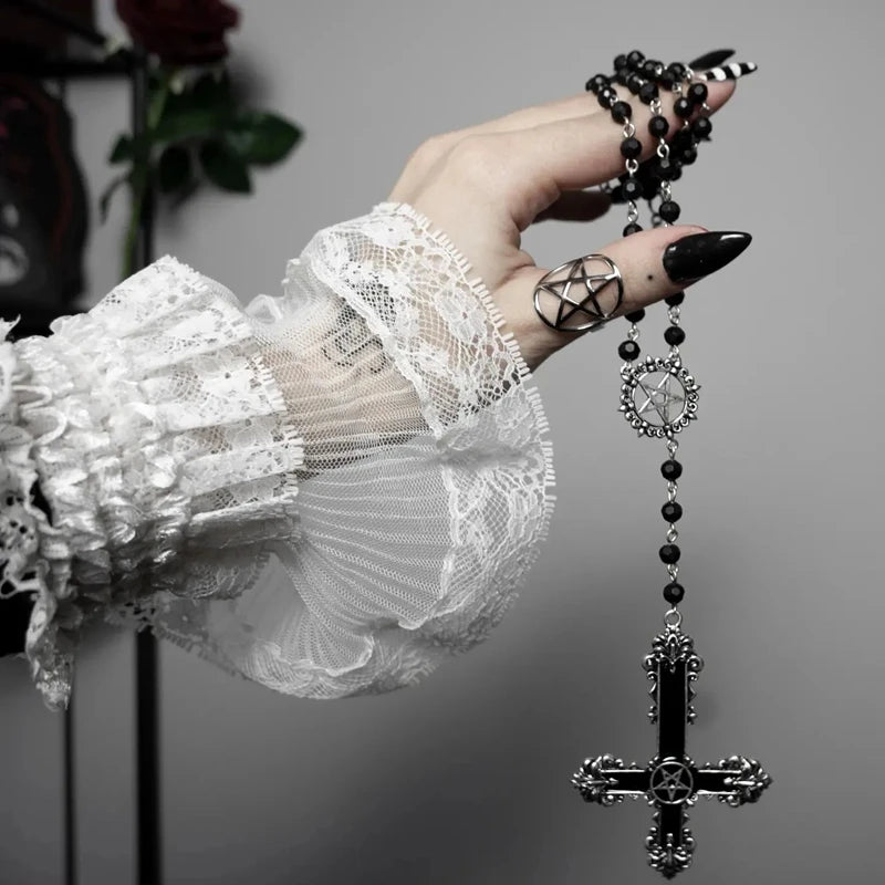 Stunning Pentagram Cross Necklace Black Crystal Gothic Statement Rosary Style Grunge Necklaces Men Women Jewelrye Y2K