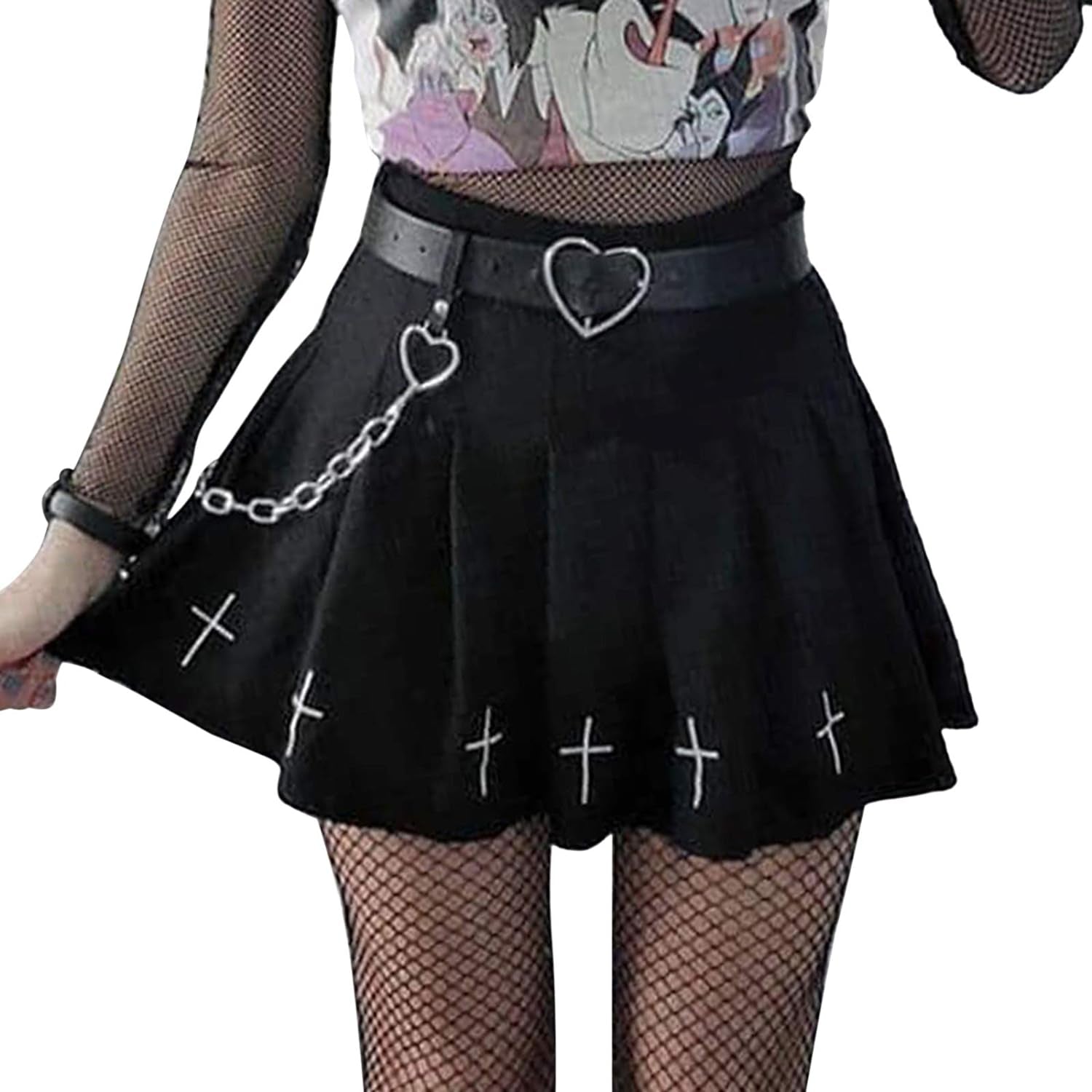 Women Harajuku Gothic Mini Skirts Goth Pleated Skirts Punk Dark Academia Aesthetic A-Line Skirt Y2K Streetwear (A - Pleated Cross Black, Large)
