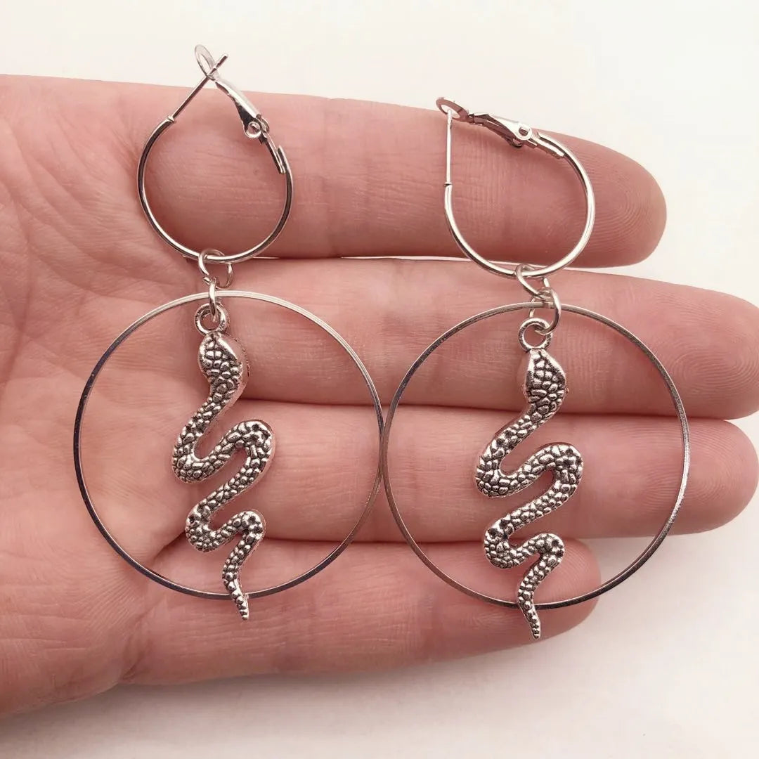 Silver Plated-Snake - Hoop Earrings - Serpent - Goth - Gift - Gothic - Hoops - Silver - Witchy - Goddess - Dark - Statement